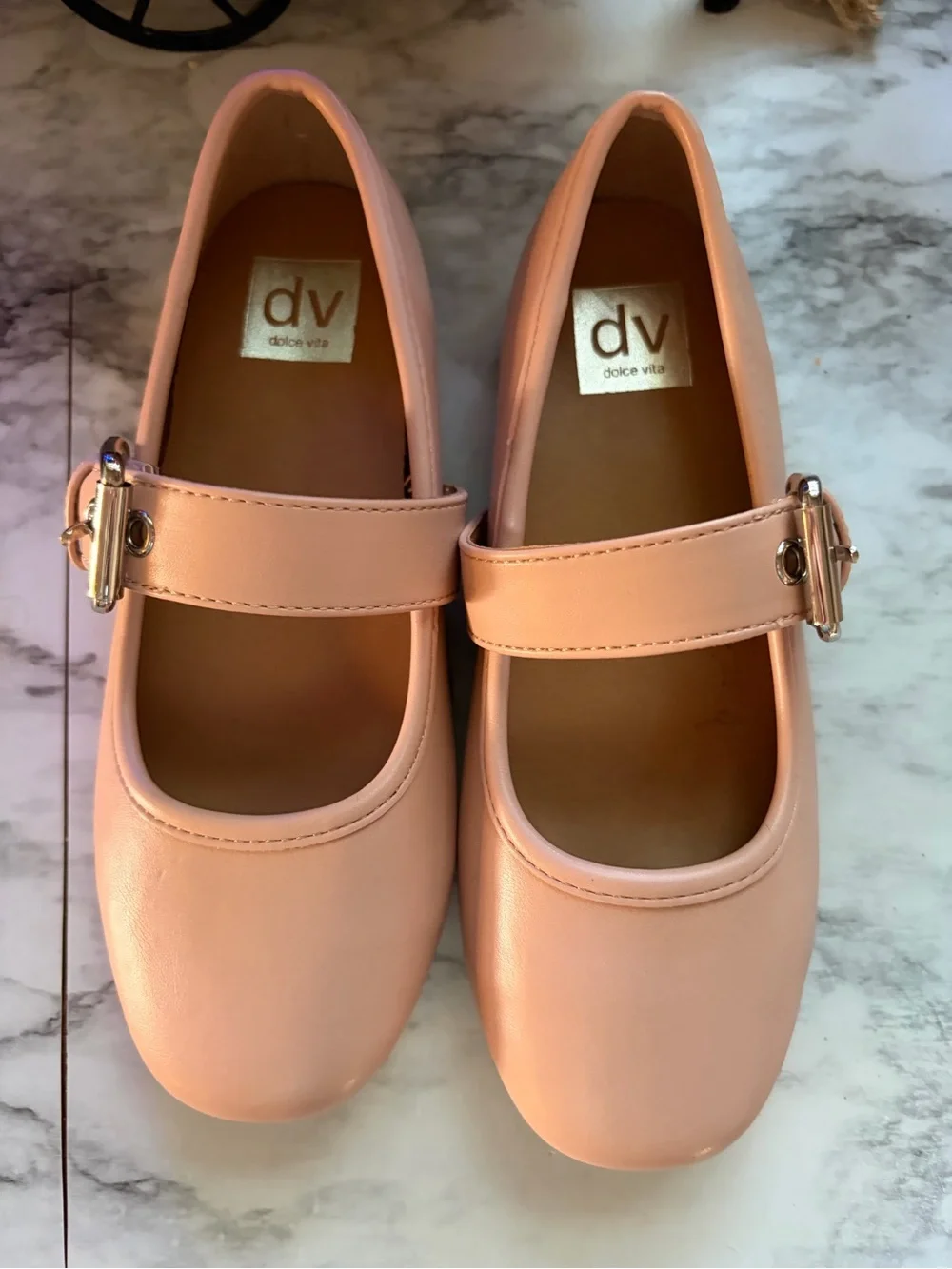 Kids Dolce Vita Buckley Mary Jane Flats in Light Pink with Silver Buckle Strap